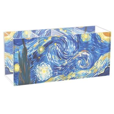 Imagem de TSENQUE Porta-lápis de mesa colorido personalizado bonito com pintura noturna estrelada, suporte artístico, copo de acrílico para canetas