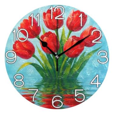 Imagem de GAIGEO Relógio de parede analógico decorativo operado por bateria silencioso quarto relógio de cozinha, arte de parede boho decoração de casa tulipas vermelhas arte chique, 25 cm, ponteiros pretos
