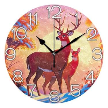 Imagem de GAIGEO Relógio de parede analógico decorativo marrom veado neve outono inverno relógio de cozinha bonito operado a bateria, decoração de parede retrô moderna art déco, 25 cm, ponteiros pretos
