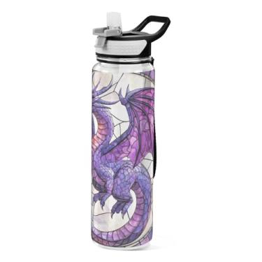 Imagem de ALAZA Garrafa de água esportiva Dragon Boho de vidro roxo com tampa de canudo 946 ml, garrafa transparente livre de BPA, plástico tritan, à prova de vazamento, grande flip top para crianças, meninos