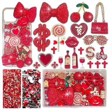 Imagem de Gehaiwo Kit de pingentes de capa de lixo vermelho, capas de telefone de lixo com acessórios de strass e bolsa de laço de diamante completo pirulito cereja sinal de dólar kits de resina com decorações