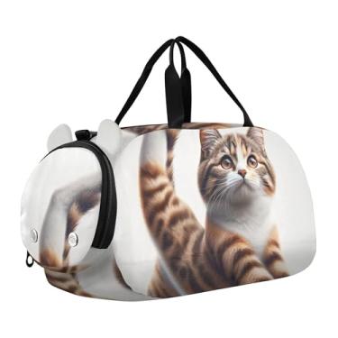 Imagem de Bolsa de viagem azul para meninas com bola de tênis, bolsa de viagem para o fim de semana, academia, bolsa de mão para meninos, Gato de ioga fofo, Clássico