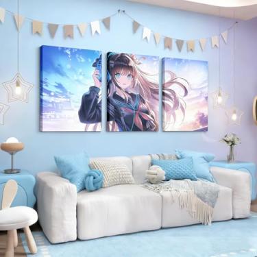 Imagem de Arte de parede em tela de anime menina, decoração de parede emoldurada de anime japonês, desenho animado menina pintura kawaii, animação japonesa, pôsteres para sala de estar, quarto, banheiro