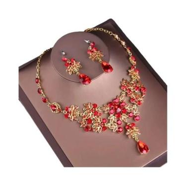 Imagem de Conjunto De Colar E Brincos De Coroa Vermelha Para Noivas, Acessórios 
