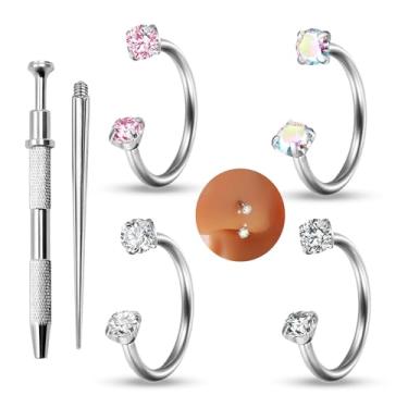 Imagem de HUASAI Anel de nariz em ferradura para mulheres 20G 18G aço titânio argola dupla argola argola prata ouro cartilagem helix tragus brincos pequenos labret lábio piercing joia, Large, Cristal, Sem Pedra