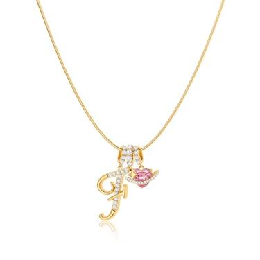 Imagem de Robaice Colar feminino banhado a ouro 14 K, pingente de letra de coração planeta rosa com corrente redonda de espinha de peixe, joia que não mancha. Presente para ela, 16'' + 2'' extender, Metal, Sem