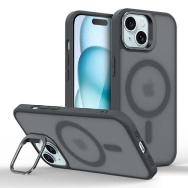 Imagem de Capinha Capa Case tecnológica Premium Para iPhone 15 Plus de 6,7 polegadas - Anti impacto e proteção para câmeras com suporte retrátil e acabamento Micro-Mate Fosco que repele marca de dedos