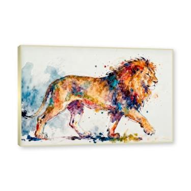 Imagem de NHLDZYH Moldura dourada. Pintura de leão colorida, impressão de arte abstrata vibrante, decoração de parede de animais selvagens e enérgicos, tela contemporânea moderna para quarto, academia, quarto