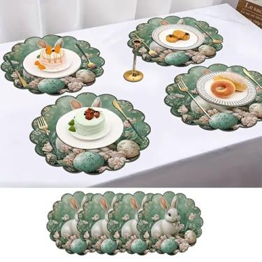 Imagem de Conjunto de 4 tapetes redondos laváveis de coelho da Páscoa, coelhinho da Páscoa, para casa, cozinha, mesas de jantar e restaurantes, antiderrapante, fácil de limpar