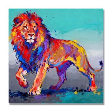 Imagem de Arte abstrata de respingos de leão, pintura colorida de animais em tela, decoração de parede expressiva moderna para sala de estar ou escritório. A16. 80 x 80 cm - 31,5 x 31,5 pol. Somente tela