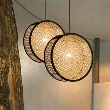 Imagem de Luminária pendente vintage de rattan E27 estilo retrô para mesa de jantar, com cúpula trançada à mão, ideal para cozinha, quarto, sala de jantar, sala de estar, corredor e estilo casa de cam