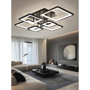 Imagem de Luminária de teto LED preta com design criativo de moldura quadrada, moderna e regulável com controle remoto, ideal para sala de estar, quarto, corredor e sala de jantar (6 lâmpadas).