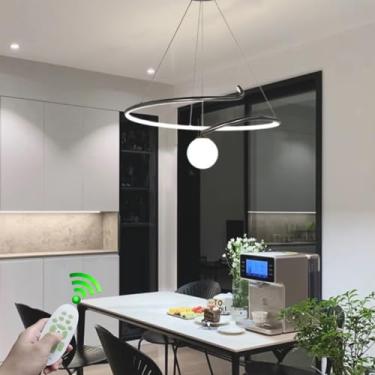 Imagem de Lustre LED moderno redondo para restaurante, luminária pendente com controle remoto, altura ajustável, ideal para mesa de jantar, sala de estar, escritório, hotel ou clube, com iluminação di