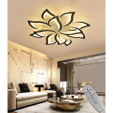 Imagem de Luminária de teto LED com controle remoto, formato de flor, para sala de estar, moderna e com intensidade de luz ajustável, ideal para quarto, escritório, casa de campo e apartamento (preta,