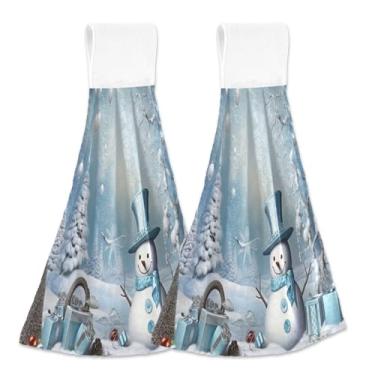 Imagem de Blueangle 2 peças de toalhas de gravata penduradas de boneco de neve de Natal toalha de mão de cozinha absorvente de veludo coral macio pano de pano para cozinha e banheiro (306)