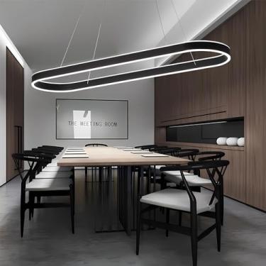 Imagem de Luminária pendente LED moderna para escritório, sala de jantar, formato oval, com intensidade ajustável e controle remoto. Design em anel, ideal para quarto, mesa de jantar, cozinha e corred