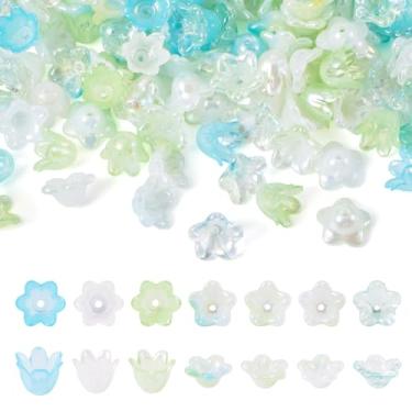 Imagem de FASHEWELRY 180 peças de tampas de contas de flores de acrílico para pulseiras cor AB fofas mini contas florais Kandi espaçadores para artesanato, colares, brincos, joias, suprimentos verdes