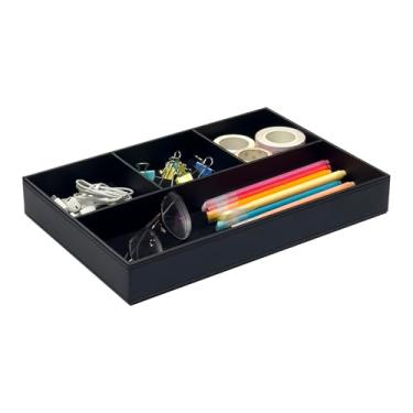 Imagem de UnionBasic Bandeja plana de couro com 4 compartimentos para gavetas de mesa, artigos de papelaria, organizador de dispositivos, caixa de armazenamento para lápis de caneta (preto)