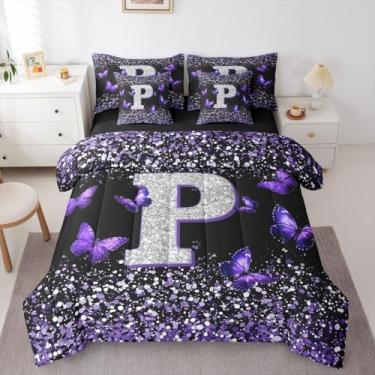 Imagem de Erosebridal Jogo de cama solteiro com estampa de borboleta, 7 peças, letra P, monograma, roxo, com glitter, para crianças, adolescentes, adultos, preto e branco