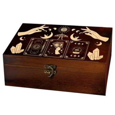 Imagem de arricraft 1 caixa de lembrança de madeira para memória, fases lunares de mão misteriosa selene gato preto gravado padrão retangular pinho caixa de tarô para armazenamento de joias de aniversário (24 x
