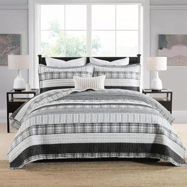 Imagem de Homzard Conjunto de edredom California King 100% algodão, colcha de fazenda grande, xadrez, preto, branco, cinza, casa de fazenda (118 x 106 polegadas) com 2 fronhas, 3 peças