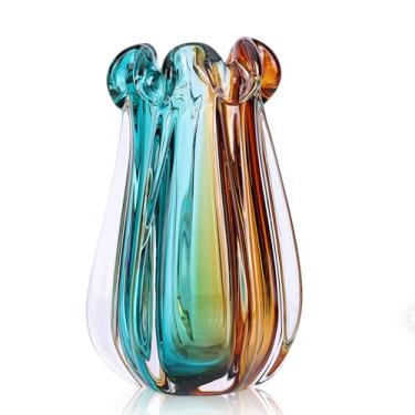 Imagem de Vaso de vidro soprado à mão, vaso decorativo de parede grossa azul gradiente e âmbar, vaso de boca larga de arte de vidro, adequado para mesas de centro de sala de estar, decoração de entrada