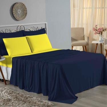Imagem de Jogo De Cama King Nobre 4 Peças Lençol Com Elástico De 30cm De Altura Malha 100% Algodão - Azul-marinho / Amarelo