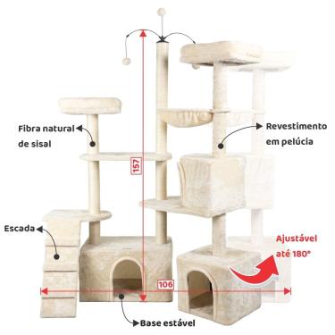 Imagem de Arranhador de gato grande, luxuoso, ajustável, multifuncional com casas, camas, cesto, poleiros e brinquedo giratório