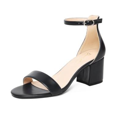 Imagem de GENSHUO Sandálias femininas de salto baixo com tiras e bico aberto, salto confortável, sexy, bonito, tira no tornozelo, festa de casamento, formatura, verão, sapatos de salto alto, Preto fosco, 39