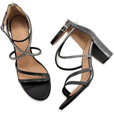 Imagem de Ecetana Sandálias femininas de salto aberto, tira no tornozelo, fivela, strass, bloco, grosso, sexy, para festa de casamento, Preto, 41