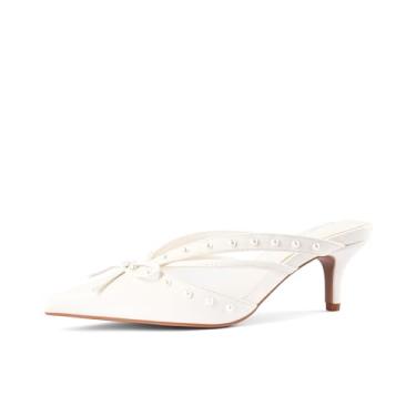 Imagem de SICARE Salto baixo gatinho feminino fechado bico fino stiletto com laço, pérolas sensuais, sem cadarço, sandálias mula, sapatos elegantes, Branco, 38