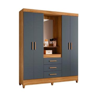 Imagem de Guarda Roupa Grande Quarto Capri 4 Portas 3 Gavetas Espelho Freijo Com Cinza