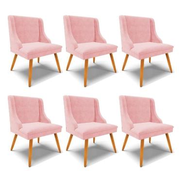 Imagem de Kit 6 Cadeiras Decorativas Sala De Jantar Pés Palito De Madeira Firenze Suede Rosa Bebê/natural G19