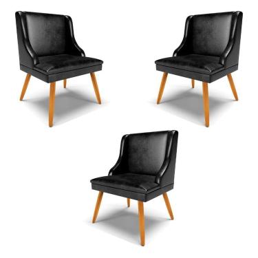 Imagem de Kit 3 Cadeiras Decorativas Sala De Jantar Pés Palito De Madeira Firenze Pu Preto Brilho/natural G19