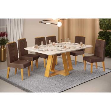 Imagem de Conjunto: Mesa de Cozinha Celeste c/ Tampo Madeirado c/ Vidro Retangular 160x90cm e 6 Cadeiras Lia Cedro/Off White - Suede Moca - DJ Móveis
