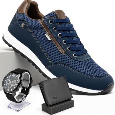 Imagem de Tênis Masculino Casual Sapatênis Preto Jogging Azul Com Relogio - Ferr