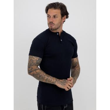 Imagem de Camiseta Slim Canelada Com Botão Lisa Estilo Americano Streetwear Justa ao Corpo Ribana Preto-Masculino