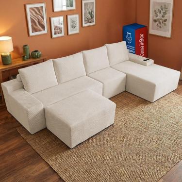 Imagem de Sofá Modular Evo de 4 Lugares com apoio Chaise Dir Evo. Four 3,40m Boost Tech em Velourê Cama inBox