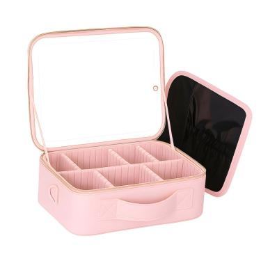 Imagem de Maleta de Maquiagem com Espelho LED para Organização com Divisórias Internas Ajustáveis Rosa Utimix
