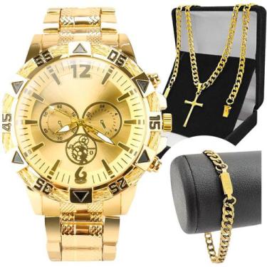 Imagem de relogio masculino aço banhado ouro + pingente cruz + pulseira robusto 