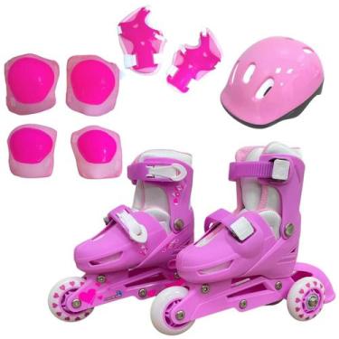 Imagem de Patins triline 3 rodas infantil 2x1 kit proteção rosa 27-30 - Importwa