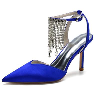 Imagem de Sandálias femininas de strass para casamento Slingback bico fino pingente cetim sapatos de noiva, Azul, 6