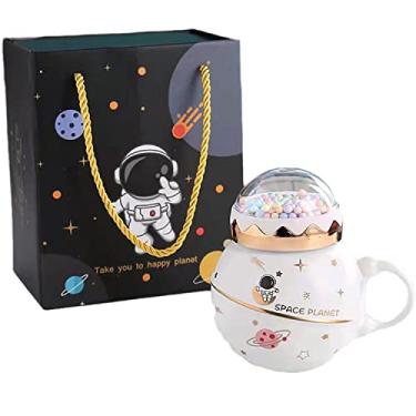 Imagem de seelucky Caneca de astronauta estilo minimalista com tampa de colher estrela copo de café de cerâmica infantil caneca de leite de desenho animado xícara de chá presente escritório casa (espaço branco com caixa, 400 ml)
