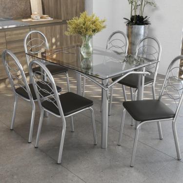 Imagem de Kit Conjunto Mesa 4 Cadeiras 120 x 80 cm Sala de Jantar Cozinha Vidro Metal Cromado Preto