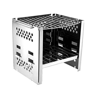 Imagem de Fogão de acampamento à lenha dobrável portátil de aço inoxidável para mochilão fogão para caminhadas ao ar livre camping, churrasco, grelhar, cozinhar grelha dobrável acampamento fogão a madeira, prata, 18 * 16 * 19,5 cm