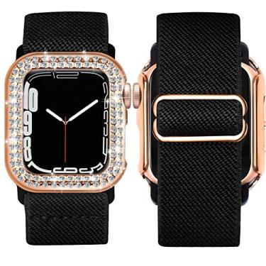 Imagem de VSANT Pulseiras elásticas de nylon com alça única compatíveis com Apple Watch de 40 mm com capa dourada rosa brilhante, pulseira elástica ajustável preta com capa para iWatch Series 6, 5, 4 SE, para mulheres e homens
