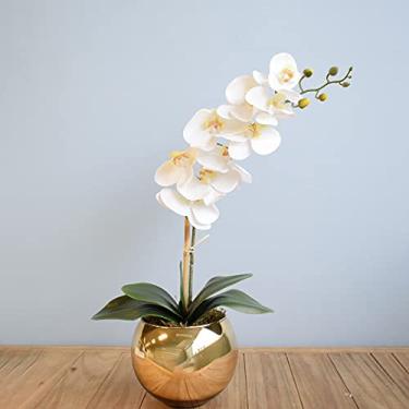Imagem de Arranjo de Orquídea Artificial Branca no Vaso Dourado Médio | Linha Permanente Formosinha