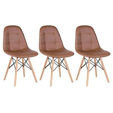 Imagem de Loft7, Kit 3 Cadeiras Charles Eames Eiffel, Assento Estofado Botonê, Pés Em Madeira Clara E Elegante Versátil Sala De Jantar Cozinha Cafeteria Quarto, Marrom