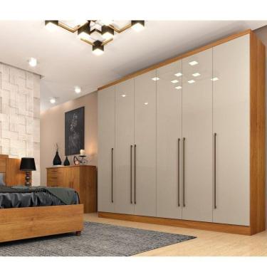 Imagem de Quarto de Casal Roupeiro 6 Portas Portugal, Cama Casal, Cabeceira e Cômoda 5 Gavetas Cinamomo/Off White