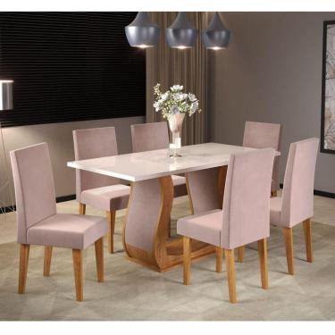 Imagem de Conjunto Sala de Jantar Mesa Livia 160x80cm Tampo Vidro/mdf com 6 Cadeiras Venus Mel/Off White/Rosa